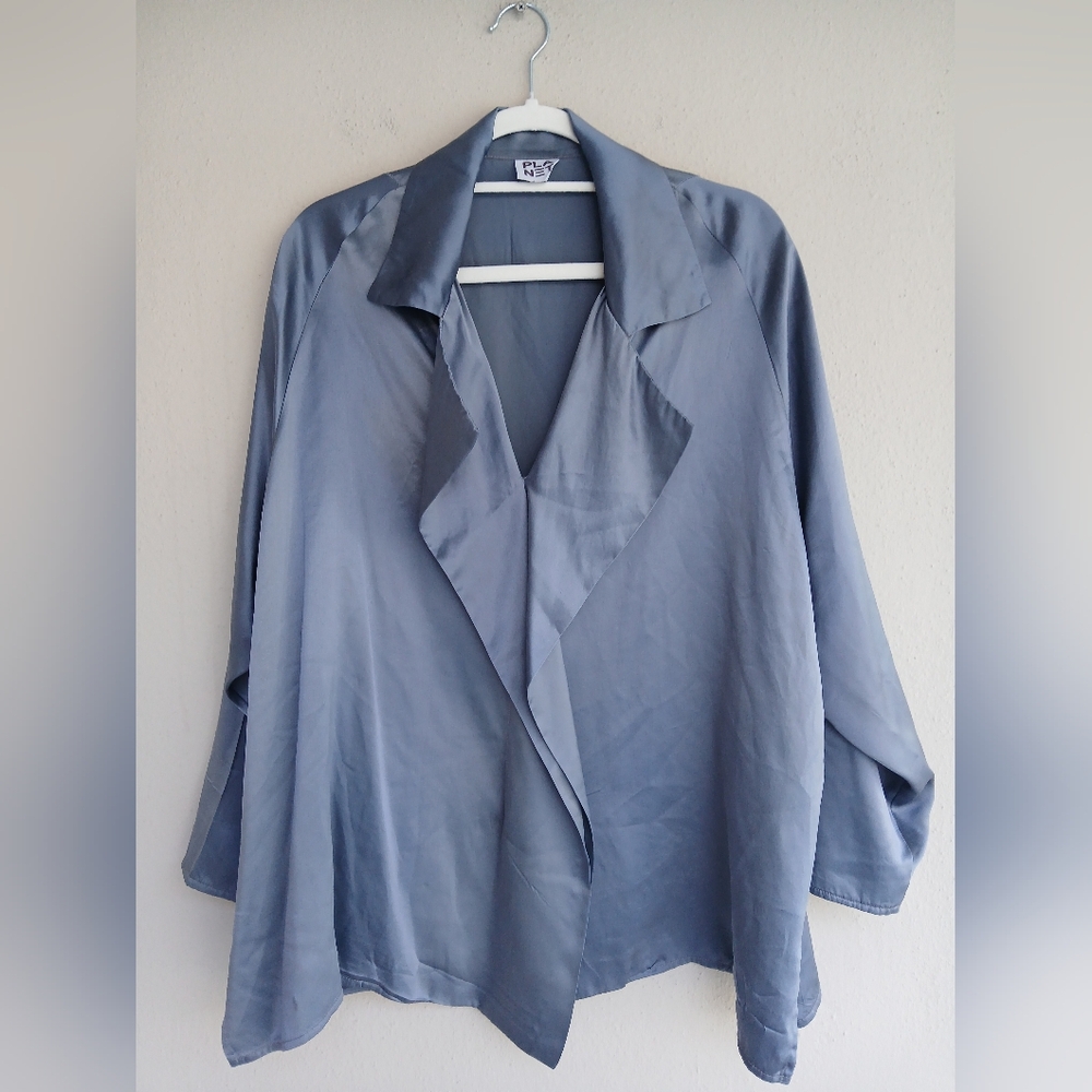 Planet by Lauren G Silk Cape Top One Size Blue Luxury Artsy - Picture 8 of 8